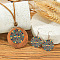 Ethnic Style Alloy Enamel & Wood Pendant Necklaces & Dangle Earrings Sets, Flat Round with Flower Pattern, Colorful, Golden, 49x28mm