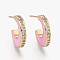 Brass Micro Pave Clear Cubic Zirconia Half Hoop Earrings, with Enamel and Ear Nuts, Long-Lasting Plated, Moon, Real 18K Gold Plated, Pearl Pink, 14x12x2.5mm, Pin: 1mm