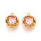 Brass Micro Pave Cubic Zirconia Charms, Heart & Flat Round, Long-Lasting Plated, Nickel Free, Real 18K Gold Plated, Pink, 14~14.5x12x5mm, Hole: 1.5mm