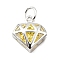 S925 Sterling Silver with Cubic Zirconia Charms, Diamond Charm, Yellow, 9x8.5x3.5mm, Hole: 2.5mm