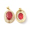 Real 16K Gold Plated Brass Micro Pave Cubic Zirconia Pendants, Cadmium Free & Lead Free, with Glass, Oval Charms, Red, 23x17x8mm, Hole: 5x3.5mm