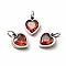 304 Stainless Steel Pendants, with Cubic Zirconia and Jump Rings, Single Stone Charms, Heart, Stainless Steel Color, FireBrick, 9x8x3mm, Hole: 3.6mm