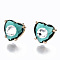 Brass Stud Earrings, with Glass and Steel Pins, Heart, Light Gold, Light Sea Green, 12x13mm, Pin: 0.6mm