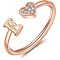 Adjustable Brass Rhinestone Cuff Rings, Letter & Heart, Rose Gold, Letter E, Inner Diameter: 15~20mm