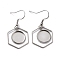 Tarnish Resistant 201 Stainless Steel Earring Hooks, with Hexagon Blank Pendant Trays, Flat Round Setting for Cabochon, Stainless Steel Color, 38mm, 22 Gauge, Pin: 0.6mm
