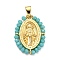 Brass with Glass Pendants, Cadmium Free & Lead Free, Real 18K Gold Plated, Oval with Virgin Mary Pattern, Medium Turquoise, 25~26x19~19.5x3~3.5mm, Hole: 3x3.5mm
