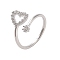 Brass Micro Pave Cubic Zirconia Open Cuff Rings, Heart, Platinum, Inner Diameter: 17.8mm