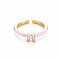 Brass Enamel Cuff Rings, Open Rings, Solitaire Rings, with Clear Cubic Zirconia, Nickel Free, Flat Round, Golden, White, US Size 7(17.3mm)