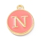 Golden Plated Alloy Enamel Charms, Enamelled Sequins, Flat Round with Alphabet, Letter.N, Hot Pink, 14x12x2mm, Hole: 1.5mm
