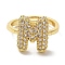 Rack Plating Letter Brass Micro Pave Clear Cubic Zirconia Adjustable Rings for Women, Real 18K Gold Plated, Letter M, 14x12mm, Inner Diameter: 17mm