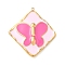 304 Stainless Steel Pendants, with Enamel, Ion Plating(IP), Rhombus with Butterfly Charm, Real 18K Gold Plated, Pearl Pink, 38x35x3.5mm, Hole: 1.5mm