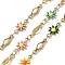 Ion Plating(IP) Golden 304 Stainless Steel Flower & Rhombus Link Chains, with Enamel, Soldered, with Spool, Colorful, 12.5x7x1.8mm, 13x3.8x1mm