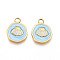 304 Stainless Steel Pendants, with Enamel, Flat Round with Shell Charms, Ion Plating(IP), Real 18K Gold Plated, Light Sky Blue, 16.5x12.5x2mm, Hole: 2.5mm
