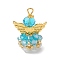 Glass Pendants, Angle, with Alloy Wing Beads & Iron Loop, Faceted, Turquoise, 30x21.5x16mm, Hole: 2.2~3.6mm