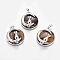 Natural Tiger Eye Kitten Pendants, with Platinum Tone Brass Findings, Flat Round with Cat & Crescent Moon Shape, 32x28x9mm, Hole: 5x7mm