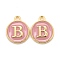 Golden Plated Alloy Enamel Charms, Cadmium Free & Lead Free, Enamelled Sequins, Flat Round with Letter, Pink, Letter.B, 14x12x2mm, Hole: 1.5mm
