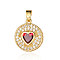 Brass Micro Pave Cubic Zirconia Pendants, Cadmium Free & Nickel Free & Lead Free, Flat Round with Heart Charms, Real 18K Gold Plated, Red, 16x14x4.1mm