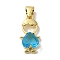 Rack Plating Brass Glass Pendants, Cadmium Free & Lead Free, Long-Lasting Plated, Real 18K Gold Plated, Human with Heart, Deep Sky Blue, 18x9x4.5mm, Hole: 3.5x3.5mm