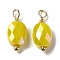 Electroplate Glass Charms, with Real 18K Gold Plated Brass Loop, Faceted Oval Charm, Yellow, 13.5x6x4mm, Hole: 1.6mm
