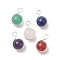 Natural Mixed Gemstone Copper Wire Wrapped Pendants, Round Charms, Silver, 18.5~19x12x10.5mm, Hole: 3mm