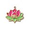 304 Stainless Steel Enamel Pendants, with Rhinestone, Golden, Lotus Charm, Cerise, 19.5x20x3mm, Hole: 1.5mm