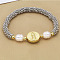 304 Stainless Steel Round Beads Stretch Bracelets for Women, Flat Round with Virgin Mary, with Brass & Freshwater Pearl, Mixed Color, 6-3/4 inch(17cm)
