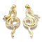 Brass Micro Pave Cubic Zirconia Pendants, with Brass Snap On Bails, Nickel Free, Snake, Clear, Real 16K Gold Plated, 38x19x3mm, Hole: 5x3.5mm