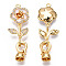 Brass Crystal Rhinestone Fold Over Clasps, Cadmium Free & Nickel Free & Lead Free, with Enamel, Real 18K Gold Plated, Flower, White, Flower: 17x12x4mm, Leaf: 15x12.5x4.5mm, Clasps: 12x7x6mm, Inner Diamater: 4.5mm, Pin: 0.6mm