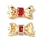 Brass Pave Cubic Zirconia Connector Charms, Real 18K Gold Plated, Bowknot Links, Cadmium Free & Nickel Free & Lead Free, Red, 11x23x4.5mm, Hole: 1mm
