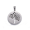 Non-Tarnish 304 Stainless Steel Pendants, Flat Round with Tree of Life, Stainless Steel Color, 27.5x25x2mm, Hole: 7x3mm