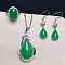 925 Sterling Silver Micro Pave Clear Cubic Zirconia with Natural Chalcedony Pendant Necklaces & Dangle Earrings & Rings Sets, Platinum, Oval, Green, 400mm