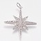 Brass Micro Pave Cubic Zirconia Pendants, Star, Platinum, 25x23x3mm, Hole: 3mm