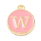 Golden Plated Alloy Enamel Charms, Enamelled Sequins, Flat Round with Alphabet, Letter.W, Pink, 14x12x2mm, Hole: 1.5mm