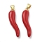 Brass Enamel Pendants, Cadmium Free & Nickel Free & Lead Free, Horn of Plenty/Italian Horn Cornicello Charms, Real 18K Gold Plated, FireBrick, 30x8.5x5.5mm, Hole: 5x3mm