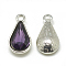 Alloy Glass Pendants, Faceted, teardrop, Platinum, Purple, 18x10x5mm, Hole: 2mm