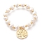 304 Stainless Steel Stretch Charm Bracelets, with Natural Pearl Nuggets Beads, Flat Round with Tree of Life, Golden, Inner Diameter: 2 inch(5cm)