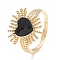 Black Cubic Zirconia Heart Sun Adjustable Ring, Brass Solitaire Ring for Women, Cadmium Free & Lead Free, Real 18K Gold Plated, Inner Diameter: 16.2~21mm