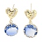 Heart Brass Micro Pave Cubic Zirconia Dangle Stud Earrings, Glass Flat Round Drop Earrings, Light Gold, 26x12.5mm