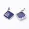 Natural Dyed Lapis Lazuli Pendants, with Brass Findings, Rhombus, Platinum, 25x29x7mm, Hole: 5x7mm, 18x18mm