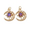 Brass Micro Pave Clear Cubic Zirconia Glass Pendants, with Jump Ring, Long-Lasting Plated, Moon, Cadmium Free & Lead Free, Real 18K Gold Plated, Mauve, 21x16.5x4.5mm, Jump Ring: 5x0.8mm, 3.5mm Inner Diameter