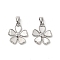 Brass Pave Shell Pendants, Flower Charms with Clear Glass, Real Platinum Plated, 15.5x13.5x1.5mm, Hole: 3mm