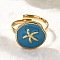 304 Stainless Steel Cuff Rings, Tree, with Enamel for Women, Ion Plating(IP), Deep Sky Blue, Inner Diameter: 17mm