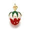 Brass Enamel Pendants, with Jump Ring, Cadmium Free & Lead Free, Long-Lasting Plated, Real 18K Gold Plated, Rack Plating, Fruit Charm, Strawberry, 14x9.5x8.5mm, Hole: 3.5mm
