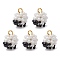 Glass Seed Beaded Sheep Charms, with 304 Stainless Steel Open Jump Rings Golden Loop and Natural Black Onyx , White, 15x15x12mm, Hole: 4.5mm