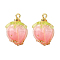 Handmade Epoxy Resin Flower Pendants, with Brass Peg Bails and Glass Micro Beads, Bud, Golden, Pink, 14~15x9~10x9~10mm, Hole: 1.2mm