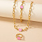 Square Alloy Enamel Cable Chain Necklaces & Bracelets & Rings Sets, Golden, Pearl Pink, 350mm
