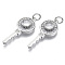 Brass Micro Pave Cubic Zirconia Pendants, Nickel Free, with Jump Rings, Key, Clear, Real Platinum Plated, 26x10.5x4mm, Jump Ring: 5x0.6mm, inner diameter: 3mm