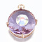 Transparent Faceted Glass Pendants, with Brass Prong Settings, Flat Round with Eye, Light Gold, Lilac, 19x16x10mm, Hole: 1.8mm