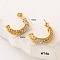 Stainless Steel C-Shaped Stud Earrings, with Clear Cubic Zirconia, Golden, 22x15mm