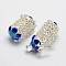 Brass Cage Pendants, For Chime Ball Pendant Necklaces Making, with Enamel, Hollow Column & Flower, Silver Color Plated, Blue, 28x18.5x14.5mm, Hole: 4x6mm, inner size: 12.5mm in diameter